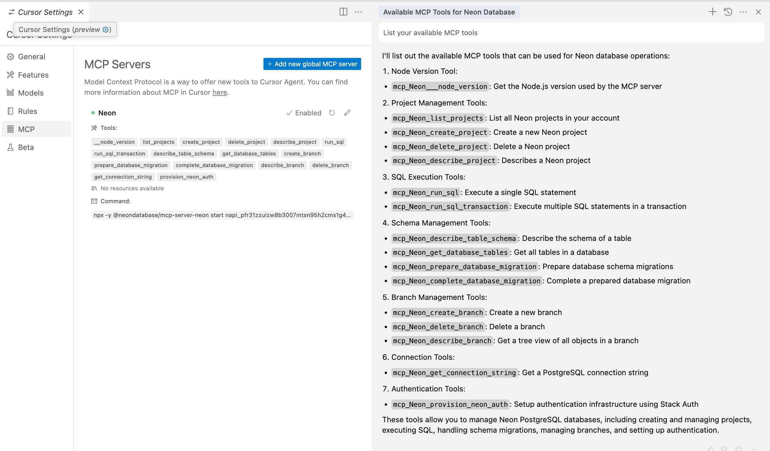 Cursor list available tools